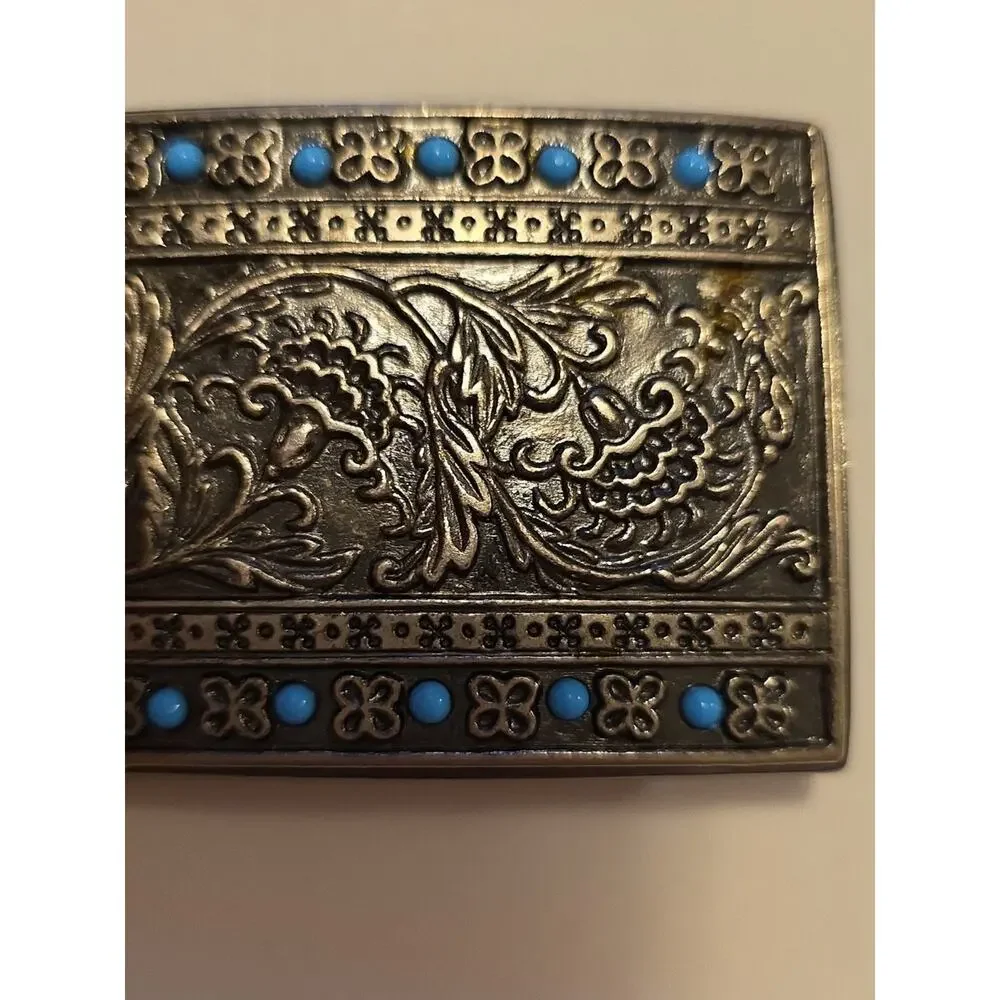 Western Cowgirl Faux Stainless Steel & Turquoise Belt Buckle OS